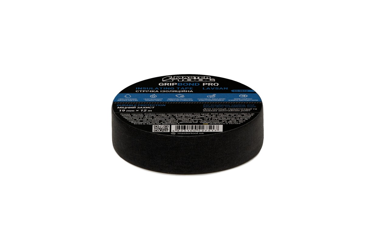 Стрічка ізоляційна MASTERTOOL GripBond Pro Lavsan текстильна 19 мм×12 м чорна 44-9612 view 1