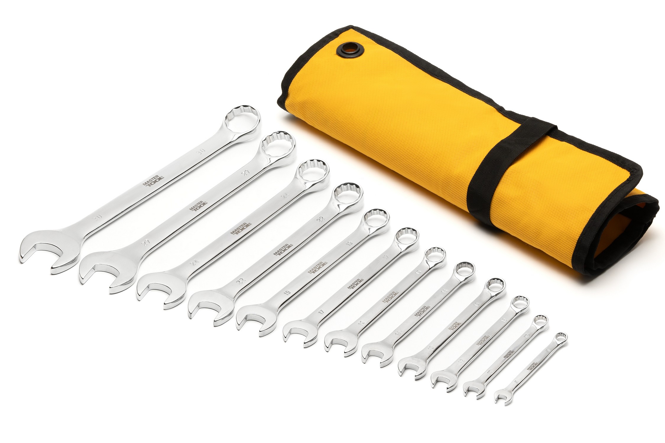 Ключі комбіновані MASTERTOOL SATIN FINISH набір 12 шт (8/10/12/13/14/15/17/19/22/24/27/30 мм) CrV DIN 3113 у чохлі 71-2113 view 2