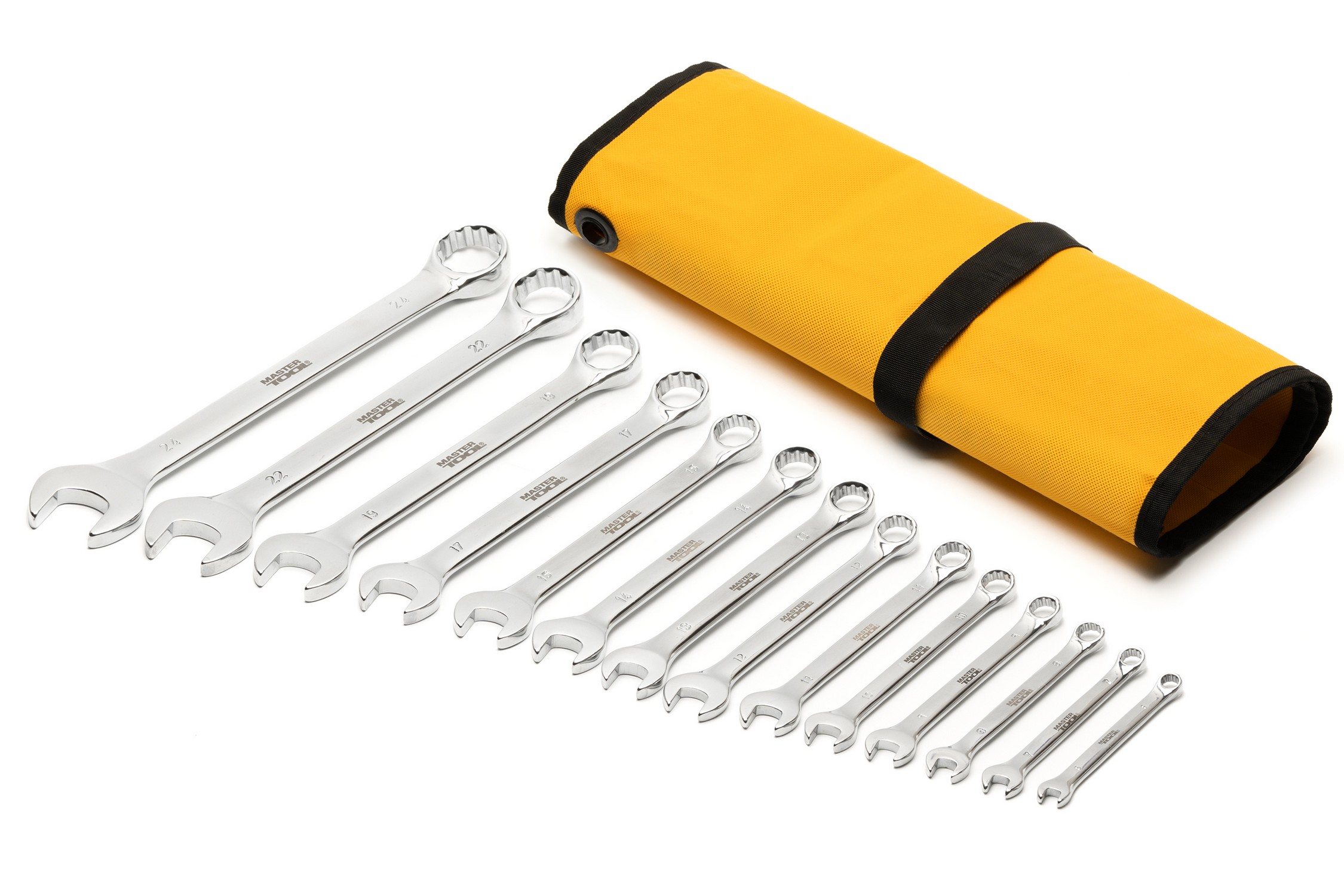 Ключі комбіновані MASTERTOOL SATIN FINISH набір 14 шт (6–15/17/19/22/24 мм) CrV DIN 3113 у чохлі 71-2114 view 2